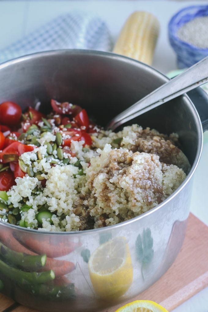 Picture of Quinoa Added to Vegetables & Seeds for Chilled Asparagus Salad