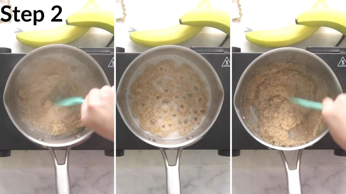 collage of oatmeal cooking in a pot with a person stirring the oatmeal in two pictures 