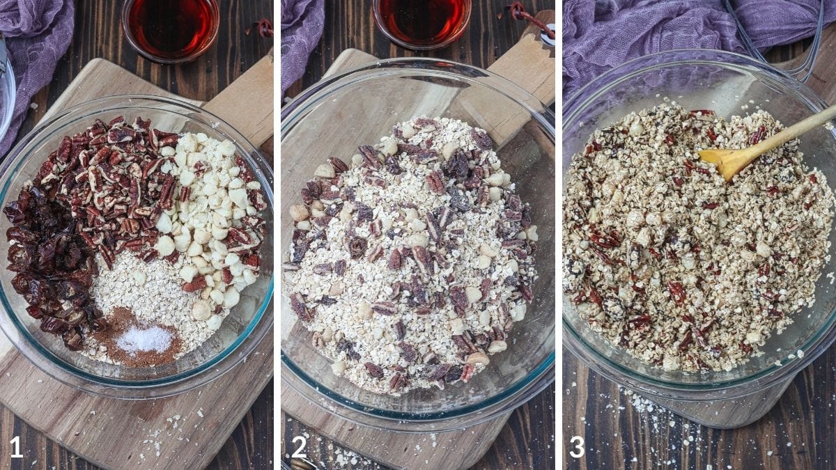 Steps 1 through 3 for how to make granola recipe