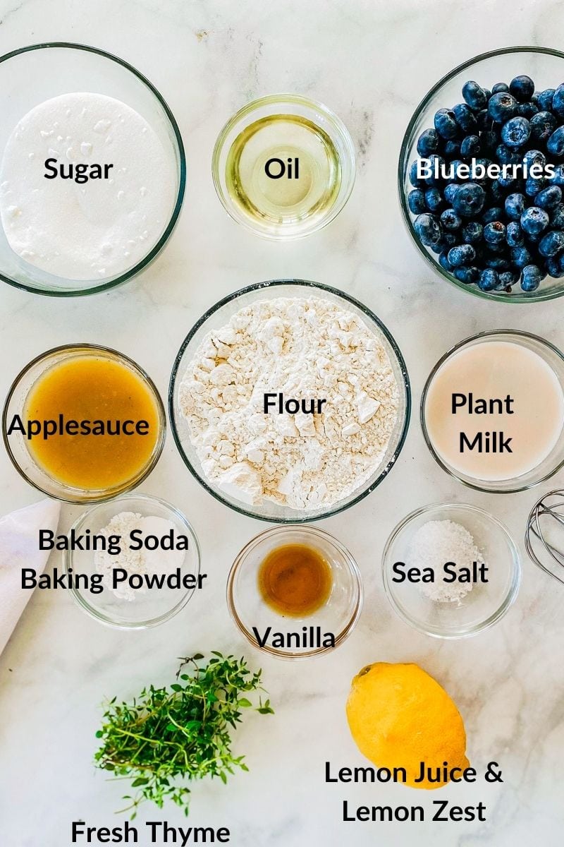labeled list of ingredients for eggless blueberry muffins