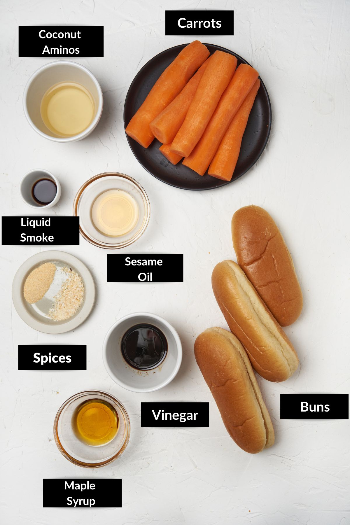 image of labeled ingredients for carrot dogs recipe